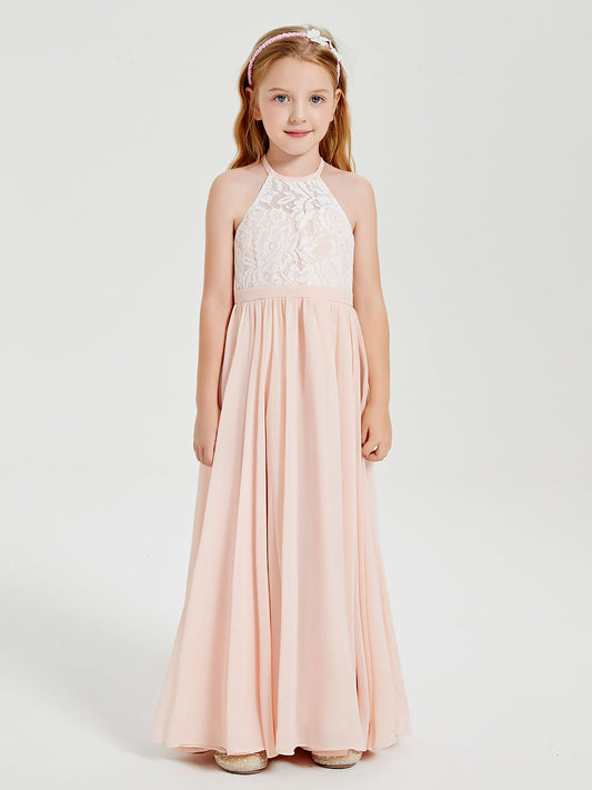 Spitzen-Oberteil Lange Chiffon Brautjungfernkleider Perlrosa
