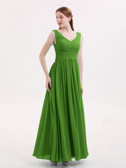 V-Ausschnitt Maxi Chiffon Kleider mit Reißverschluss Rücken Moos