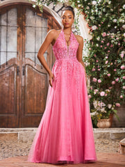 A-Linie Tiefer V-Ausschnitt Applikation Korsett Tüll Spitze Maxi Ballkleid Azalee