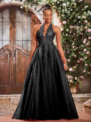 A-Linie Tiefer V-Ausschnitt Applikation Korsett Tüll Spitze Maxi Ballkleid Schwarz
