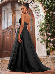 A-Linie Tiefer V-Ausschnitt Applikation Korsett Tüll Spitze Maxi Ballkleid Schwarz