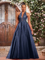 A-Linie Tiefer V-Ausschnitt Applikation Korsett Tüll Spitze Maxi Ballkleid Dunkelmarine