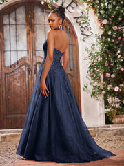 A-Linie Tiefer V-Ausschnitt Applikation Korsett Tüll Spitze Maxi Ballkleid Dunkelmarine