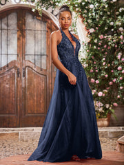 A-Linie Tiefer V-Ausschnitt Applikation Korsett Tüll Spitze Maxi Ballkleid Dunkelmarine