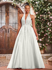 A-Linie Tiefer V-Ausschnitt Applikation Korsett Tüll Spitze Maxi Ballkleid Elfenbein