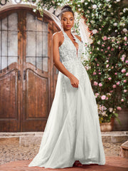 A-Linie Tiefer V-Ausschnitt Applikation Korsett Tüll Spitze Maxi Ballkleid Elfenbein