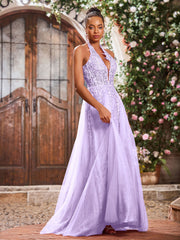 A-Linie Tiefer V-Ausschnitt Applikation Korsett Tüll Spitze Maxi Ballkleid Lila