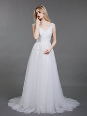 Offener Rücken Tüll Brautkleid mit Capped Ärmels Elfenbein