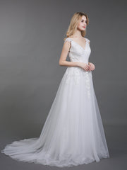 Offener Rücken Tüll Brautkleid mit Capped Ärmels Elfenbein