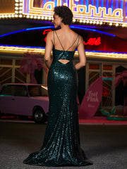 Schlüsselloch Oberteil Meerjungfrau Pailletten Kleid Dunkelgrün
