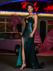 Schlüsselloch Oberteil Meerjungfrau Pailletten Kleid Dunkelgrün