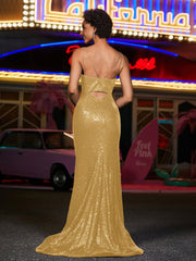 Schlüsselloch Oberteil Meerjungfrau Pailletten Kleid Gold