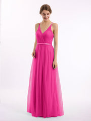 V-Ausschnitt Tüll Lang Kleid mit Seide Gürtel Fuchsia