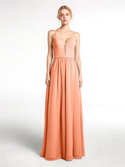 Einfaches Chiffon-Kleid mit Spaghettiträgern und Gekerbtem Ausschnitt Papaya