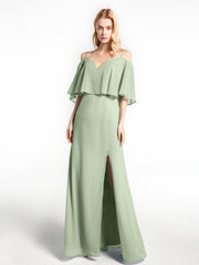 Schulterfreies Langes Kleid mit Rüschen und Gekräuseltem Oberteil Staubiges Salbei