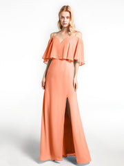 Schulterfreies Langes Kleid mit Rüschen und Gekräuseltem Oberteil Papaya