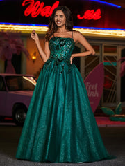 A-Linie Korsett Oberteil Tüll Ballkleid Dunkelgrün