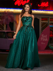 A-Linie Korsett Oberteil Tüll Ballkleid Dunkelgrün