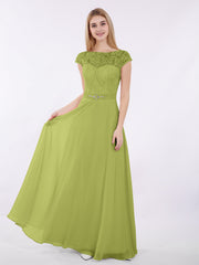 Capped Ärmels Chiffon Kleid mit Schärpen Klee