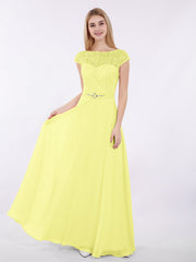 Capped Ärmels Chiffon Kleid mit Schärpen Narzisse