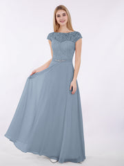 Capped Ärmels Chiffon Kleid mit Schärpen Staubiges Blau