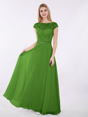 Capped Ärmels Chiffon Kleid mit Schärpen Moos