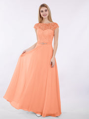 Capped Ärmels Chiffon Kleid mit Schärpen Papaya