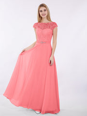 Capped Ärmels Chiffon Kleid mit Schärpen Wassermelone