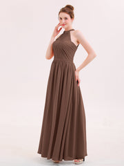 Neckholder Chiffon lange Brautjungfernkleid mit Gürtel Schokolade