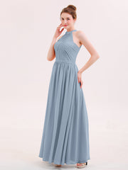 Neckholder Chiffon lange Brautjungfernkleid mit Gürtel Staubiges Blau