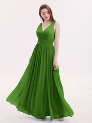 Double Perlenstickerei Träger Chiffon Kleid mit V-Ausschnitt Moos