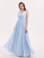 Double Perlenstickerei Träger Chiffon Kleid mit V-Ausschnitt Himmelblau