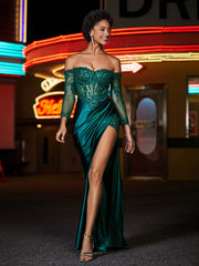 Hoher Schlitz Korsett Oberteil Stretch-Satin Kleid Dunkelgrün