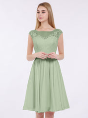 Chiffon und Spitze Kurz Brautsmaid Kleid Staubiges Salbei