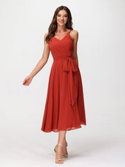 Spaghetti Träger T-Länge Kleid mit Bowknot Rost