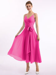 Spaghetti Träger T-Länge Kleid mit Bowknot Fuchsia