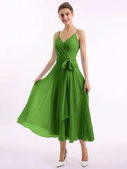 Spaghetti Träger T-Länge Kleid mit Bowknot Moos