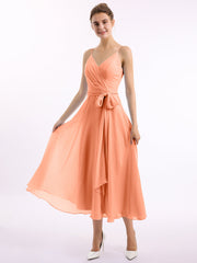 Spaghetti Träger T-Länge Kleid mit Bowknot Papaya