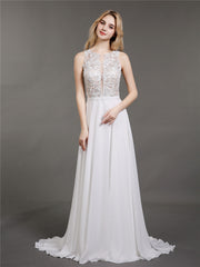 Spitze und Chiffon Brautkleid mit Perlen Weiß