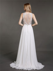 Spitze und Chiffon Brautkleid mit Perlen Weiß