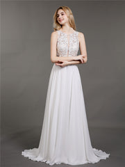 Spitze und Chiffon Brautkleid mit Perlen Weiß