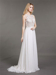 Spitze und Chiffon Brautkleid mit Perlen Weiß