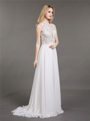 Spitze und Chiffon Brautkleid mit Perlen Champagner