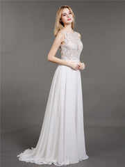Spitze und Chiffon Brautkleid mit Perlen Weiß