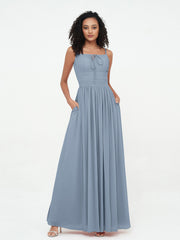 Quadratisch Ausschnitt Chiffon Maxi Kleider mit Taschen Staubiges Blau