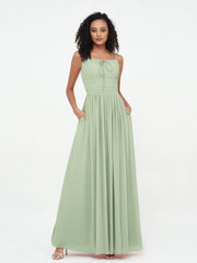 Quadratisch Ausschnitt Chiffon Maxi Kleider mit Taschen Staubiges Salbei