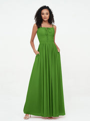 Quadratisch Ausschnitt Chiffon Maxi Kleider mit Taschen Moos