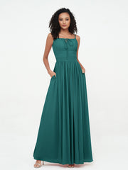 Quadratisch Ausschnitt Chiffon Maxi Kleider mit Taschen Pfau