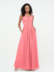 Quadratisch Ausschnitt Chiffon Maxi Kleider mit Taschen Wassermelone