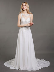Illusion Ausschnitt Chiffon mit Perlenstickerei Brautkleid Champagner